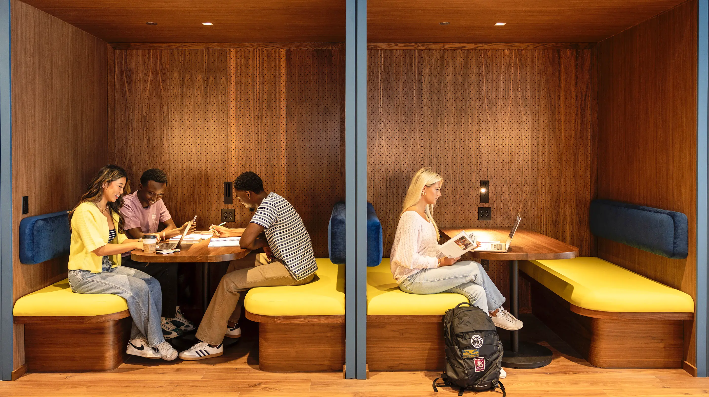 groups of people in study booths